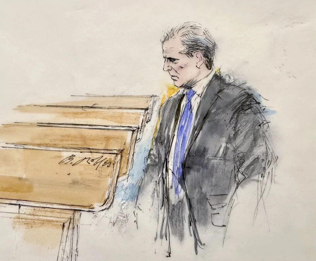 This courtroom sketch shows Hunter Biden entering a federal courtroom for jury selection for his trial on felony tax charges Thursday, Sept. 5, 2024, in Los Angeles. (William T. Robles via AP)