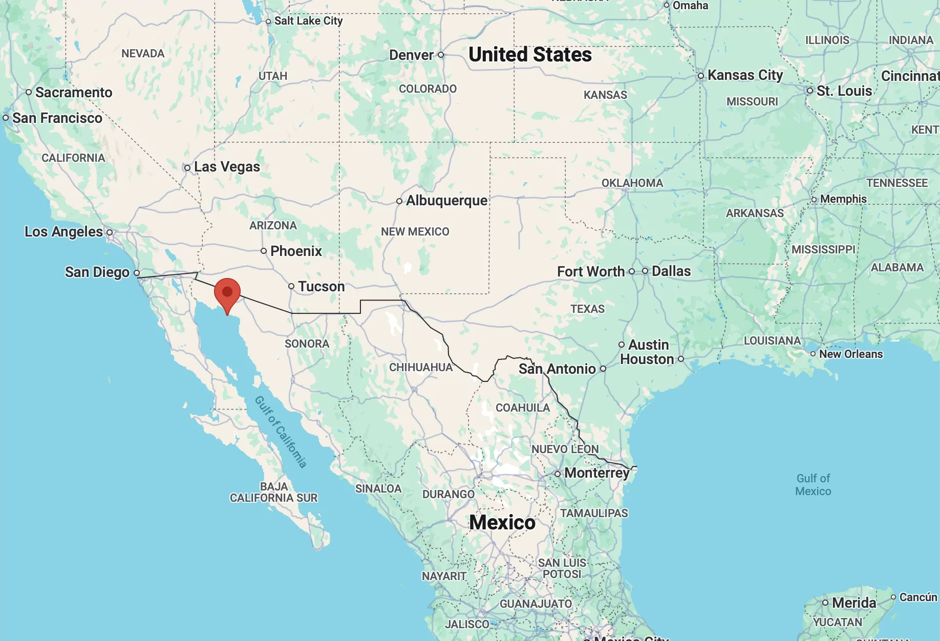 The red pin shows where Puerto Peñasco, Sonora, Mexico, is located in reference to the Arizona-Mexico border.