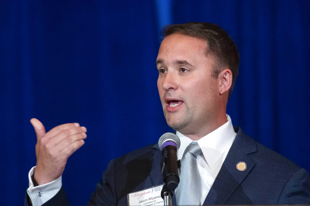 FILE - Virginia Attorney General candidate Jason Miyares addresses the Virginia FREE Leadership Luncheon in McLean, Va., on Sept. 1, 2021. Miyares announced Wednesday, Jan. 4, 2023, that he is launching an investigation into one of the state's most prestigious high schools, acting on complaints that students there weren't properly recognized for their achievements on a standardized test. (AP Photo/Cliff Owen, File)