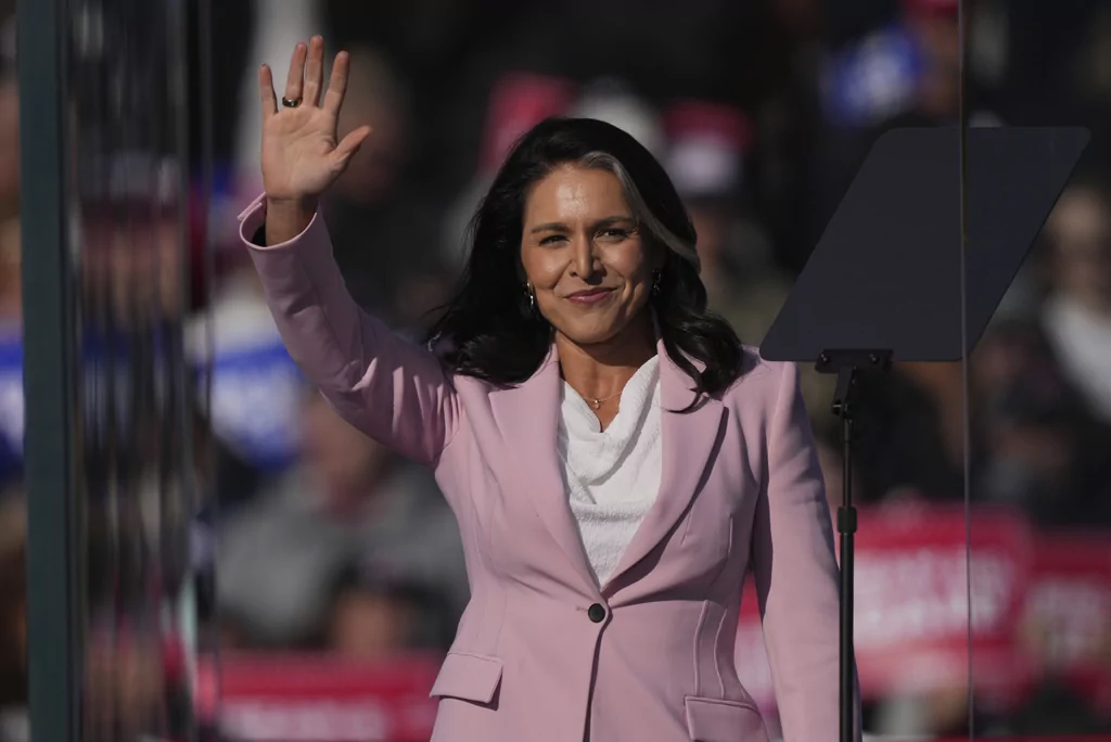 Tulsi Gabbard arrives to speak before Republican presidential nominee former President Donald Trump at a campaign rally in Lititz, Pa., Sunday, Nov. 3, 2024. (AP Photo/Matt Rourke)