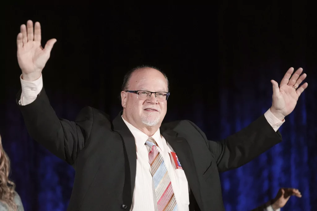 State Sen. Jim Runestad, R-White Lake, reacts during the Michigan Republican Party Convention, Saturday, Feb. 22, 2025, in Detroit. (AP Photo/Paul Sancya)