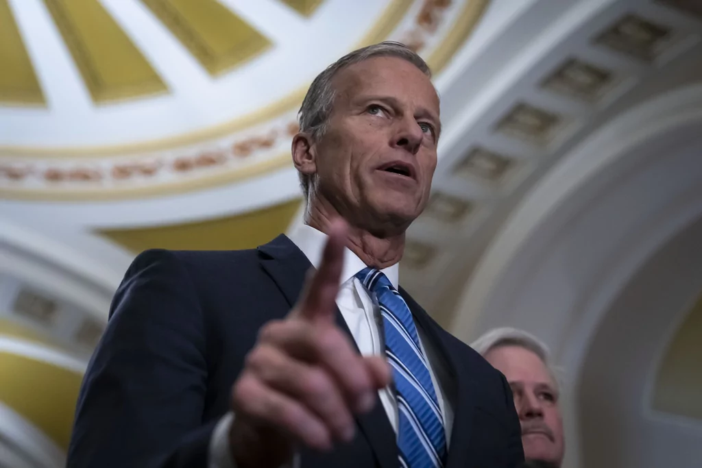 Senate Majority Leader Sen. John Thune, R-S.D., speaks to reporters after a Senate policy luncheon, at the Capitol in Washington, Tuesday, Feb. 25, 2025.