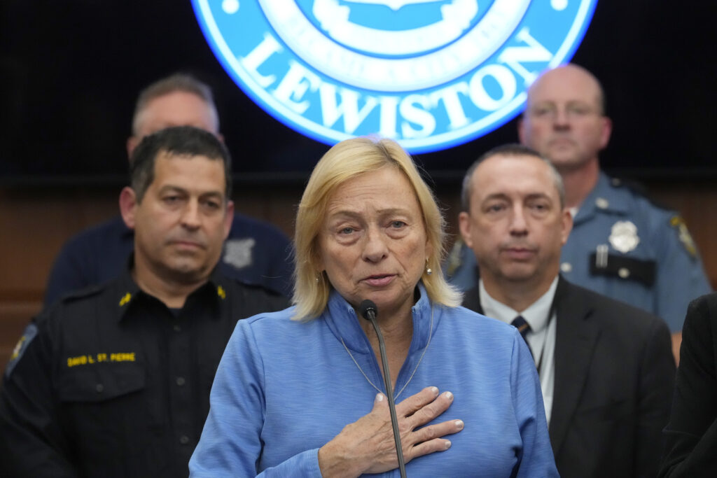 Gov. Janet Mills (D-ME) speaks during a news conference in the aftermath of a mass shooting in Lewiston, Maine, Friday, Oct. 27, 2023. 