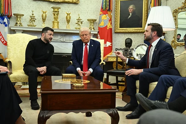 US President Donald Trump and Ukraine's President Volodymyr Zelensky listen to Vice President JD Vance (R) as they meet in the Oval Office of the White House in Washington, DC, February 28, 2025. Zelensky on February 28 told Trump there should be "no compromises" with Russian President Vladimir Putin as the parties negotiate to end the war after Moscow's invasion.