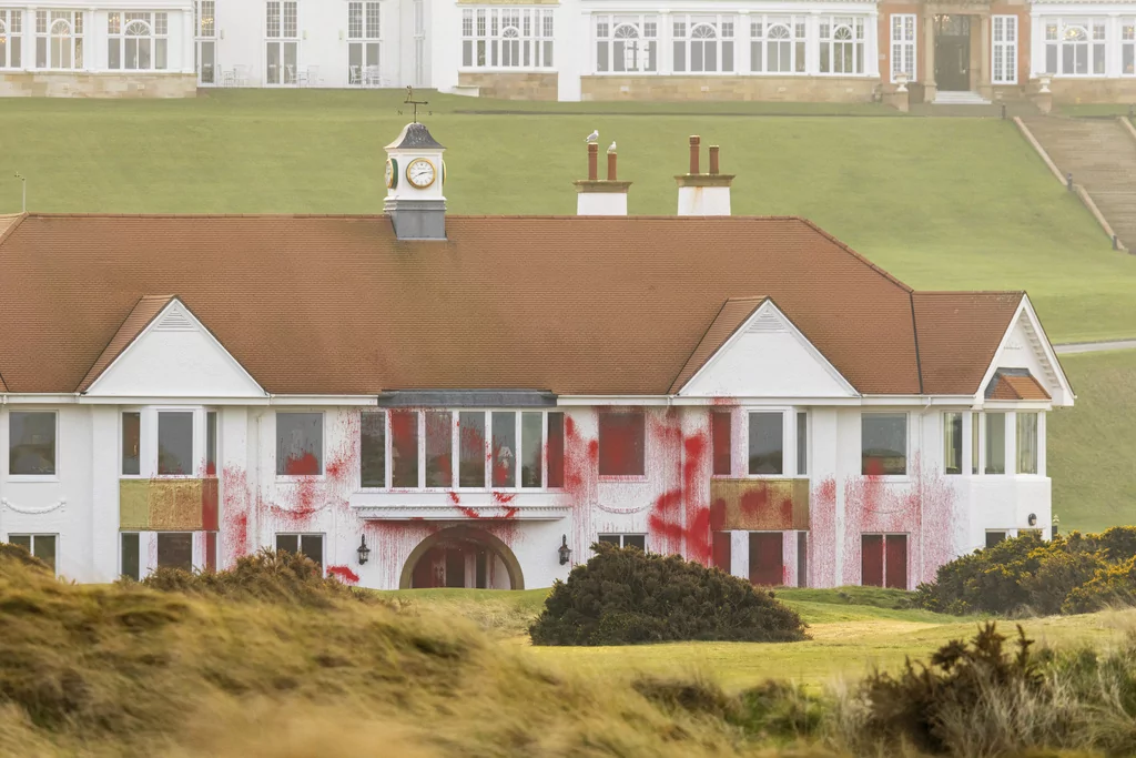 This photo provided by Palestine Action on Saturday, March 8, 2025 shows damage to the Trump owned site of Trump Turnberry golf course and hotel in Scotland.