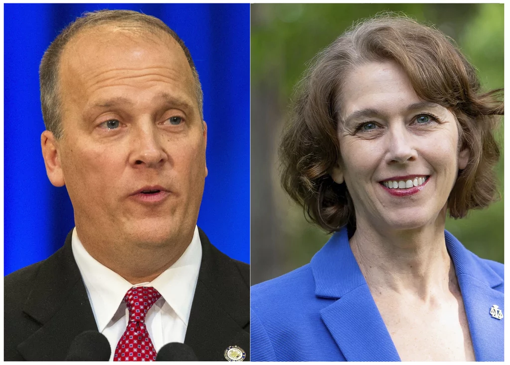 FILE - This combination of file photos shows Brad Schimel, former Republican attorney general Brad Schimel, in Madison, Wis., Jan. 5, 2015, and Susan Crawford in June 2024. 