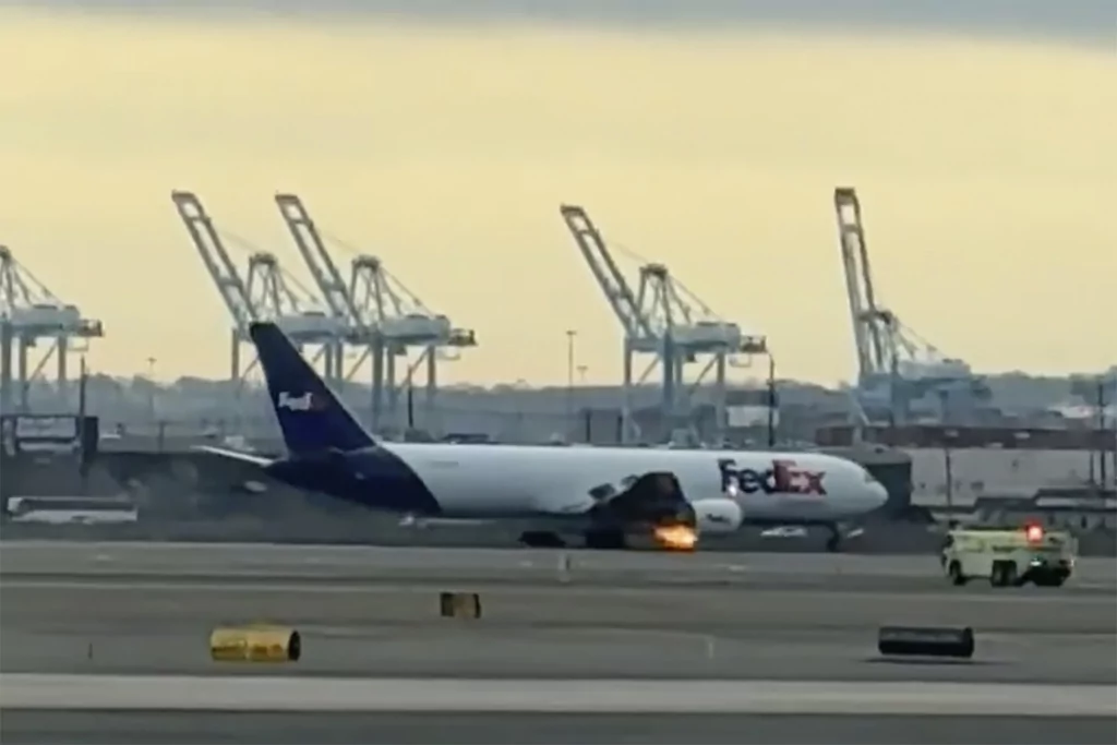 FedEx cargo plane with engine fire 