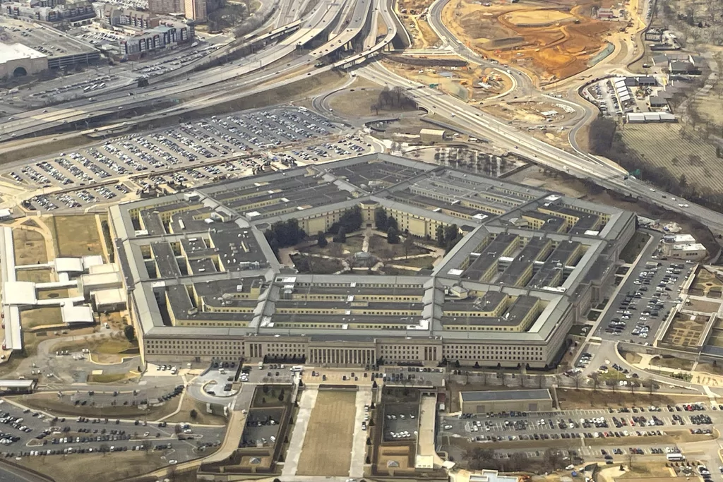 The Pentagon is seen in this aerial view through an airplane window in Washington on Thursday, Feb. 20, 2025.