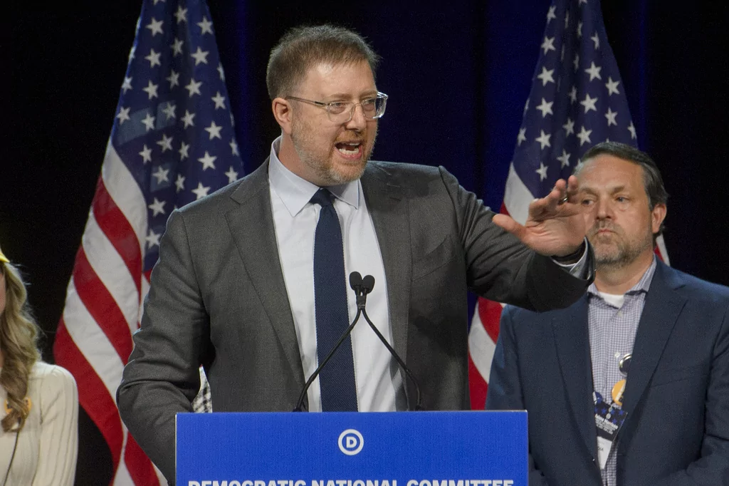Ben Wikler speaks at the Democratic National Committee Winter Meeting at the Gaylord National Resort and Convention Center in National Harbor, Md., Saturday, Feb. 1, 2025.