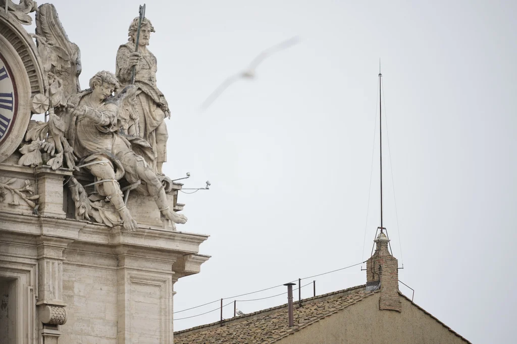 A seagull flies past as another sits on the roof by the chimney of the Sistine Chapel ahead of the conclave, at the Vatican, Wednesday, May 7, 2025.