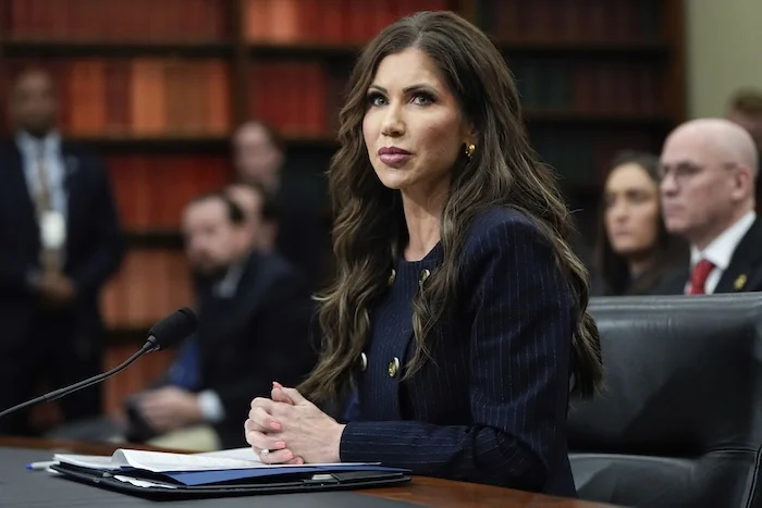 Homeland Security Secretary Kristi Noem takes her seat before a Senate Appropriations Subcommittee on Homeland Security oversight hearing, Thursday, May 8, 2025, on Capitol Hill in Washington. (AP Photo/Julia Demaree Nikhinson)