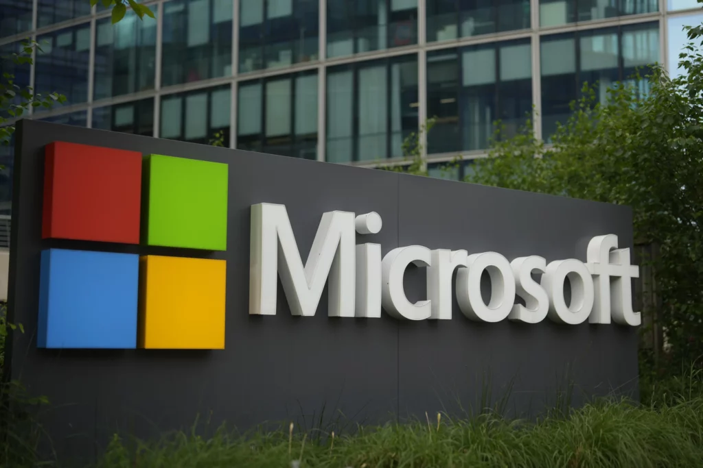 The Microsoft logo is displayed outside its French headquarters in Issy-les-Moulineaux, outside Paris, May 13, 2024.