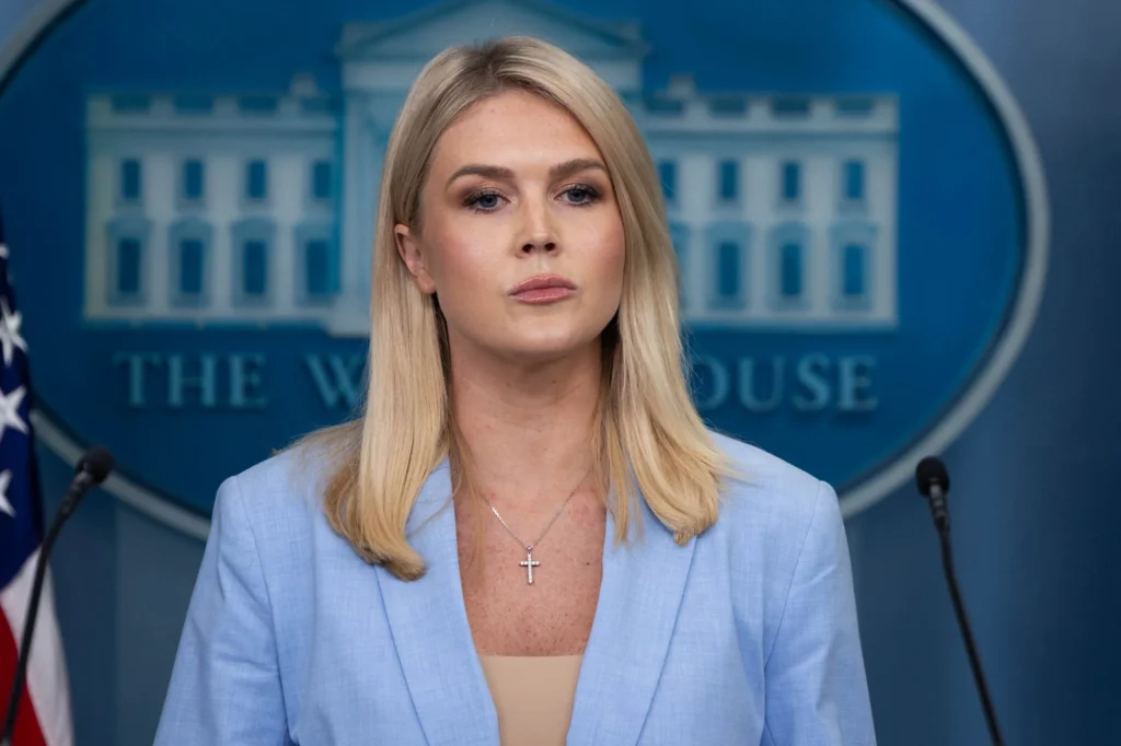 White House press secretary Karoline Leavitt speaks with reporters in the James Brady Press Briefing Room at the White House, Friday, May 9, 2025, in Washington. (AP Photo/Alex Brandon)