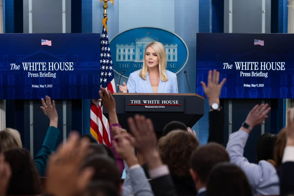 White House press secretary Karoline Leavitt speaks with reporters in the James Brady Press Briefing Room at the White House, Friday, May 9, 2025, in Washington. (Graeme Jennings/Washington Examiner)