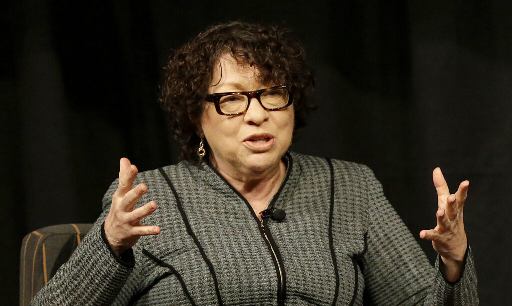Sotomayor was spotted wearing a classic black judge robe with the Yankees logo embroidered on it. Others surrounding the Supreme Court justice held props such as gavels and signs that read "All Rise." (AP Photo/Jeff Chiu, Pool)