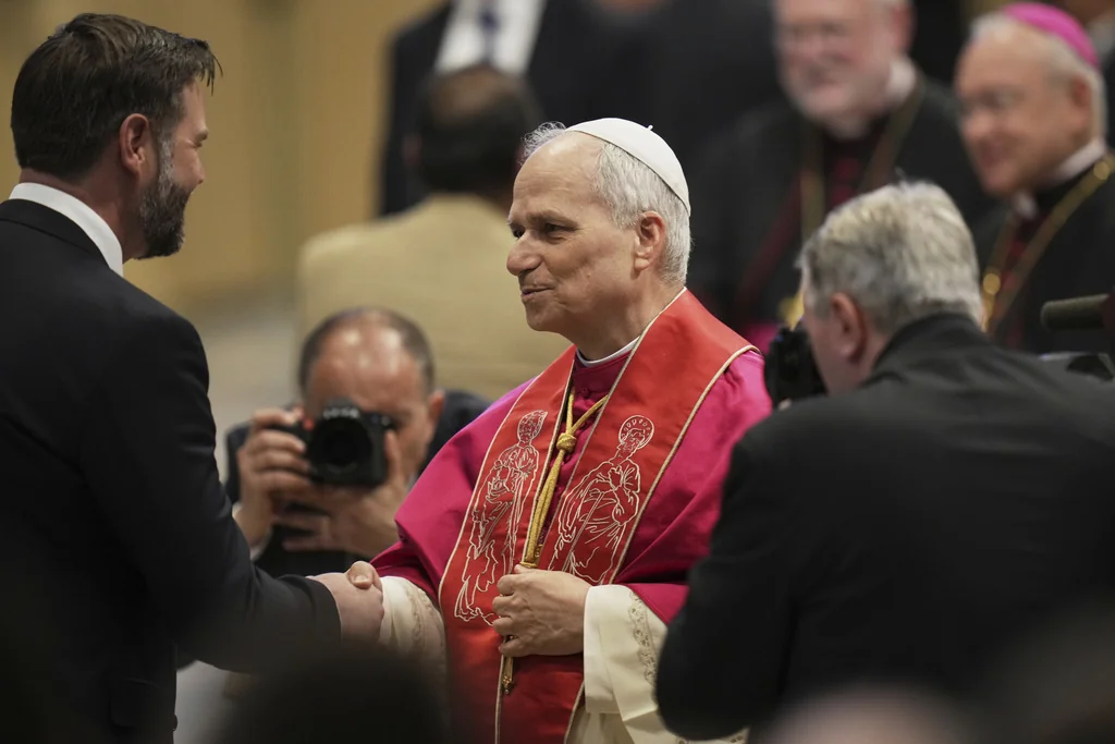 Pope Leo XIV's meets Vice President JD Vance after the formal inauguration of his pontificate in St. Peter's Square, at the Vatican, Sunday, May 18, 2025.