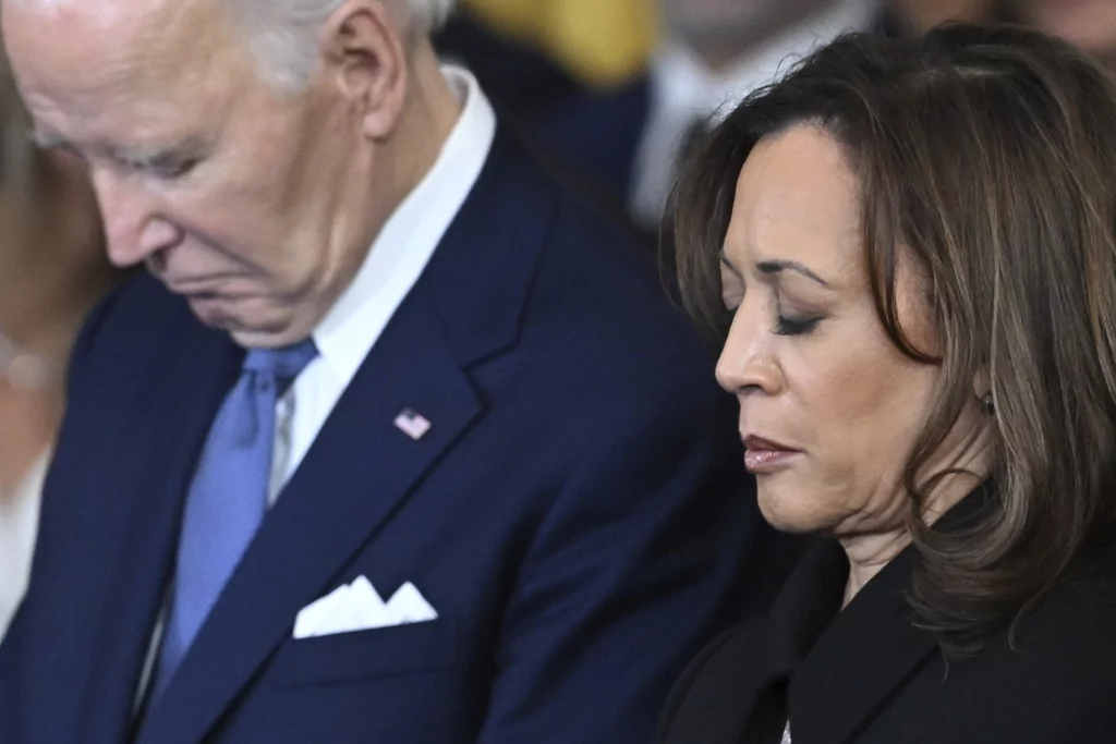 Former President Joe Biden and former Vice President Kamala Harris bow their heads for a benediction during the 60th Presidential Inauguration in the Rotunda of the U.S. Capitol in Washington, Monday, Jan. 20, 2025.