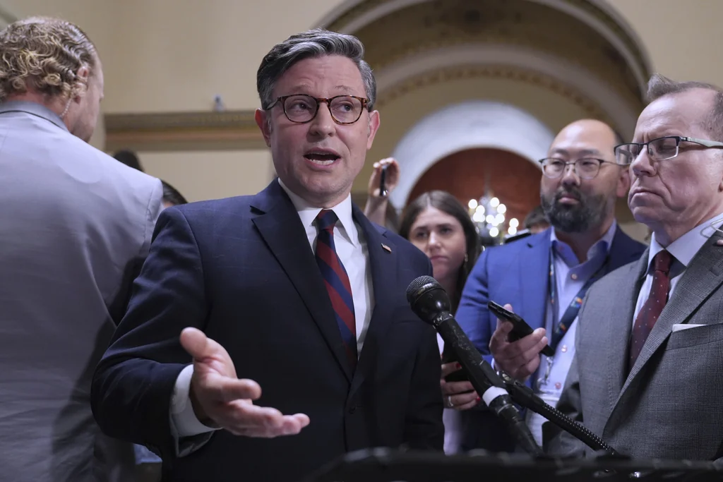 Speaker of the House Mike Johnson, R-La., reacts to reporters after Sen. Alex Padilla, D-Calif., was forcefully removed from Homeland Security Secretary Kristi Noem's news conference in Los Angeles and handcuffed by officers as he tried to speak up about immigration raids that have led to protests in California and elsewhere, at the Capitol in Washington, Thursday, June 12, 2025.