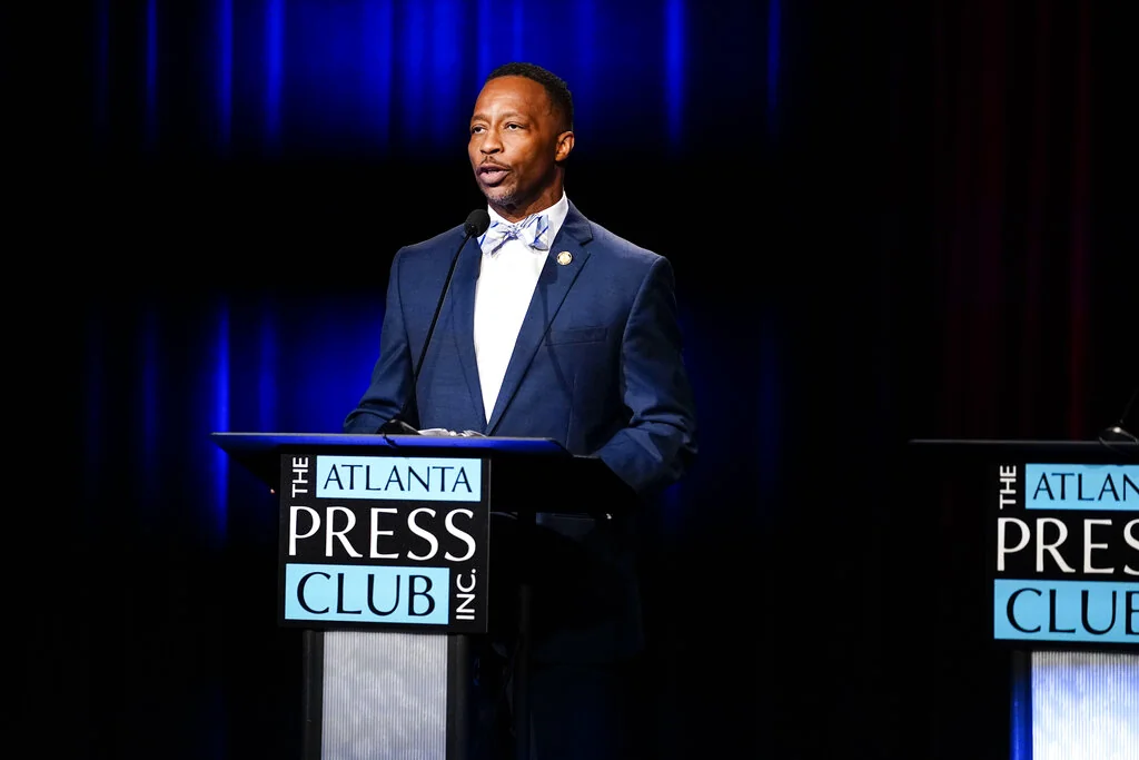 Georgia Lt. Gov. candidate Derrick Jackson participates in a democratic primary debate on Tuesday, May 3, 2022, in Atlanta.