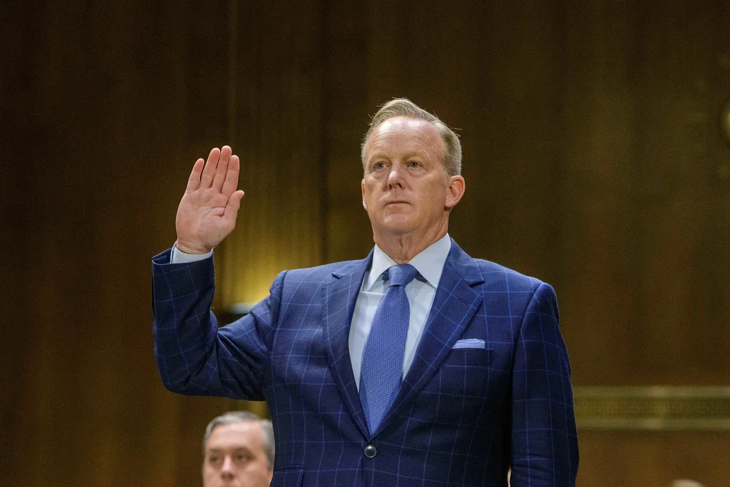Sean Spicer, former White House press secretary, host of The Sean Spicer Show, is sworn-in during a Senate Committee on the Judiciary hearing on Capitol Hill, Wednesday, June 18, 2025, in Washington. (AP Photo/Rod Lamkey, Jr.)