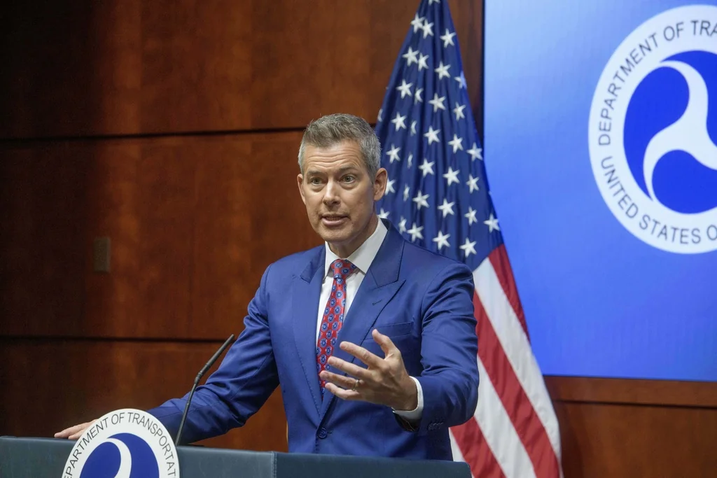 Secretary of Transportation Sean Duffy speaks during a news conference to provide a status update on Newark Liberty International Airport at the Department of Transportation in Washington, Wednesday, May 28, 2025.