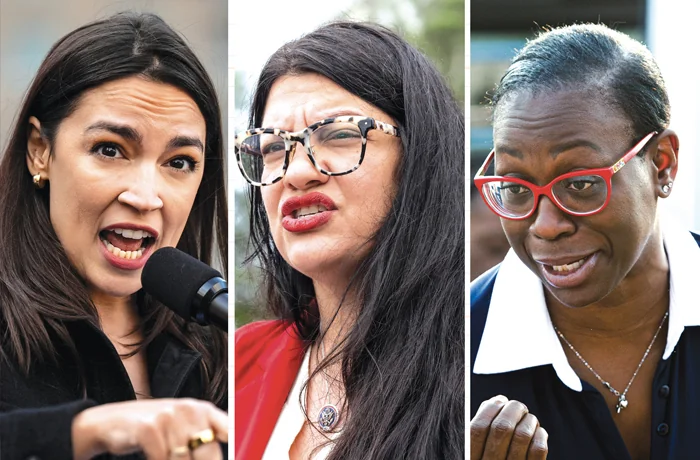 Left to right: Rep. Alexandria Ocasio-Cortez (D-NY), right: Rep. Rashida Tlaib (D-MI), Nina Turner, former Ohio state senator. (Angelina Katsanis/AP; J. Scott Applewhite/AP; Phil Long/AP)