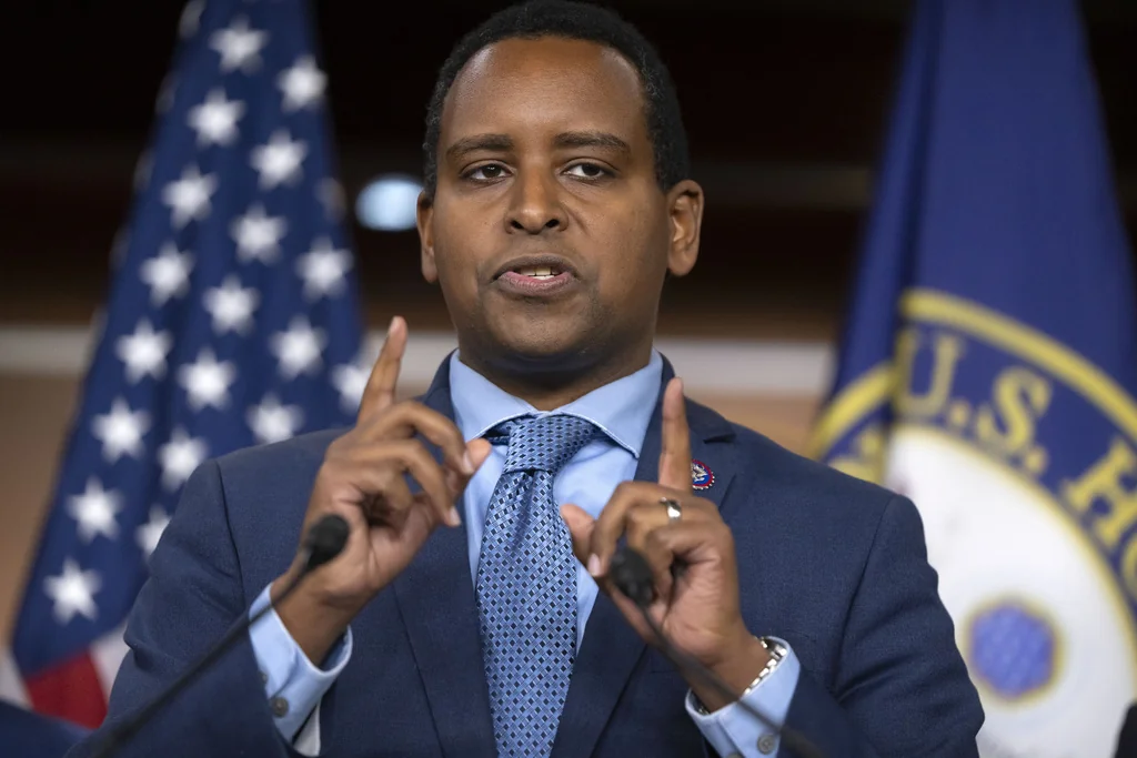 Rep. Joe Neguse, D-Colo., speaks during a news conference to introduce the Democratic House leadership for the next session of Congress on Capitol Hill, Tuesday, Nov. 19, 2024, in Washington. (AP Photo/Mark Schiefelbein)