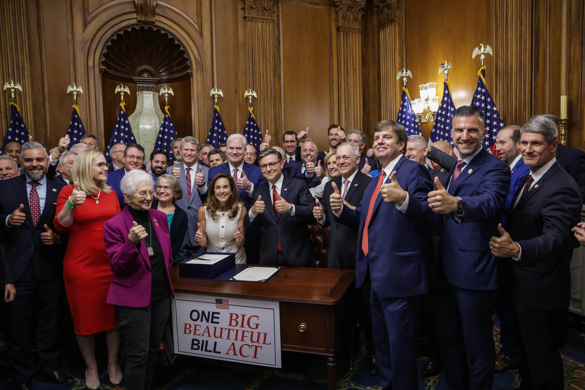 Speaker Mike Johnson (R-LA) and House Republicans take a victory lap after passing President Donald Trump's "big, beautiful bill" on Thursday, July 3, 2025