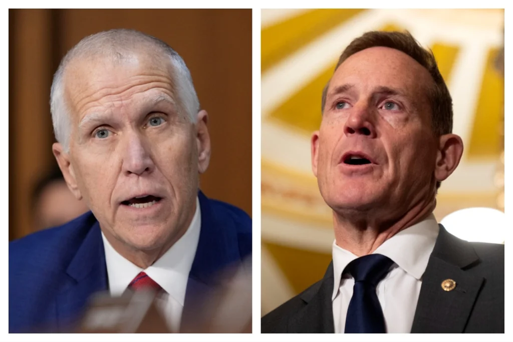 From l-r: Sen. Thom Tillis, R-N.C., speaks before the Senate Judiciary Committee at the Capitol in Washington, Thursday, Jan. 30, 2025, and Sen. Ted Budd, R-N.C., speaks to reporters on Capitol Hill, Tuesday, Jan. 14, 2025, in Washington. (AP Photos/Mark Schiefelbein/Ben Curtis)