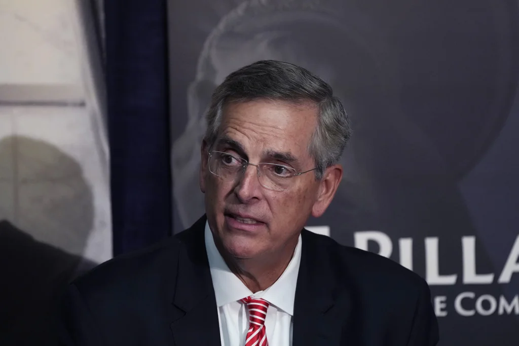 Georgia Secretary of State Brad Raffensperger participates during an election forum, Thursday, Sept. 19, 2024, in Ann Arbor, Mich.