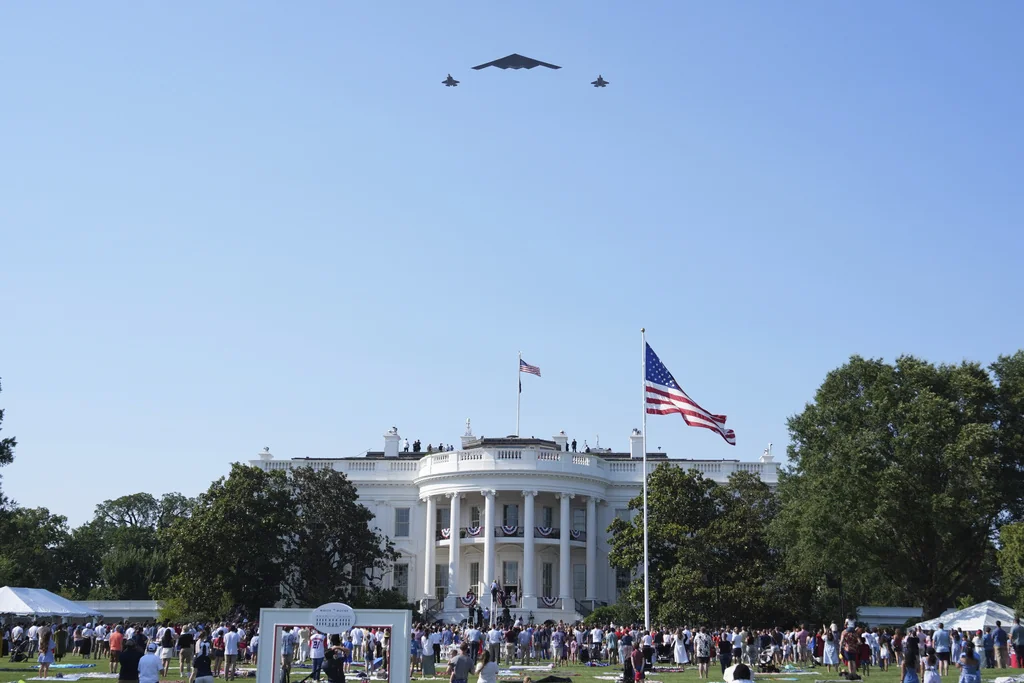 A B-2 bomber and two F-22 fighters conduct a flyover during a Fourth of July celebration at the White House, Friday, July 4, 2025, in Washington.