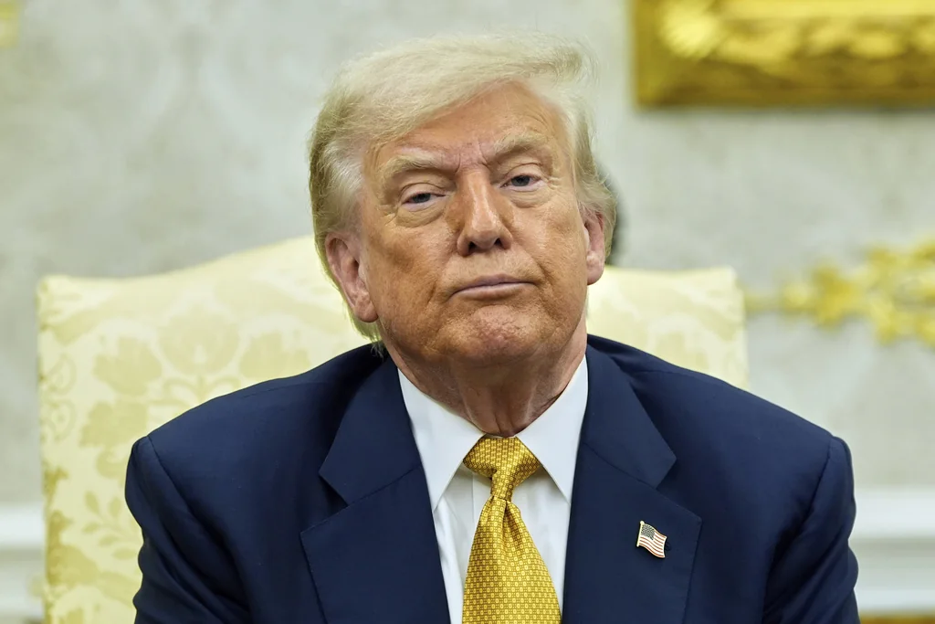 President Donald Trump listens during a meeting with Bahrain's Crown Prince Salman bin Hamad Al Khalifa in the Oval Office of the White House, Wednesday, July 16, 2025, in Washington. (AP Photo/Alex Brandon)