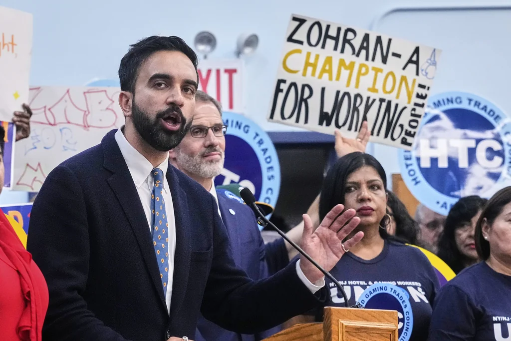 Democrat mayoral candidate Zohran Mamdani speaks during a rally at the Hotel & GamingTrades Council headquarters in New York, Wednesday, July 2, 2025.