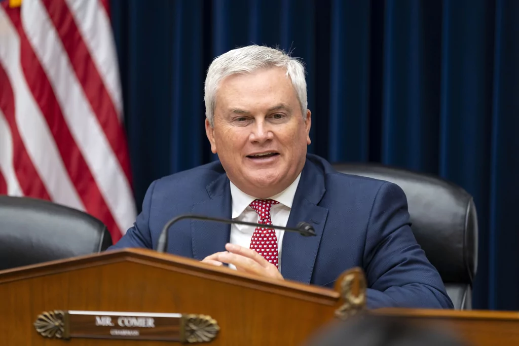 Rep. James Comer (R-KY) addresses Federal Emergency Management Agency Administrator Deanne Criswell as she testifies in front a House Committee on Oversight and Accountability hearing on oversight of FEMA on Capitol Hill in Washington, Tuesday, Nov. 19, 2024.