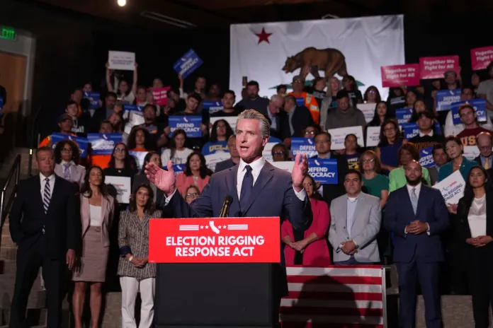 California Gov. Gavin Newsom (D) speaks in Los Angeles during a news conference on Thursday, Aug. 14, 2025.