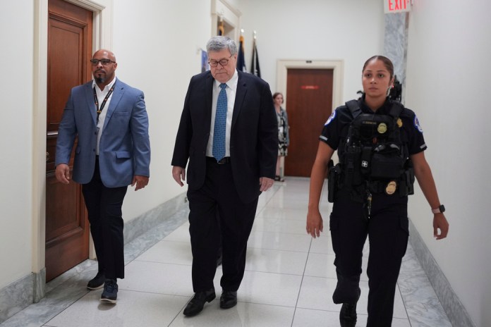Former U.S, Attorney General Bill Barr arrives for a deposition under subpoena from the House Oversight Committee investigating Jeffrey Epstein, at the Capitol in Washington, Monday, August 18, 2025.