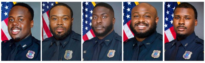 This combo of images provided by the Memphis Police Department shows, from left, officers Tadarrius Bean, Demetrius Haley, Emmitt Martin III, Desmond Mills, Jr., and Justin Smith. The Memphis police chief has called the actions of these five officers involved in the violent arrest of Tyre Nichols âheinous, reckless, and inhumane" and made a plea to residents of the city to protest peacefully when video of the arrest is released to the public.