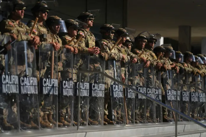 California National Guard members are positioned on June 10, 2025, at the Federal Building in downtown Los Angeles.