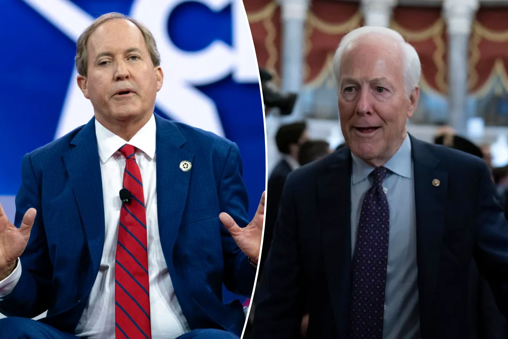 From l-r: Texas Attorney General Ken Paxton and Sen. John Cornyn (R-TX). Photos by AP.