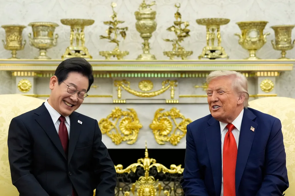 President Donald Trump, right, meets with South Korean President Lee Jae Myung in the Oval Office of the White House, Monday, Aug. 25, 2025, in Washington.