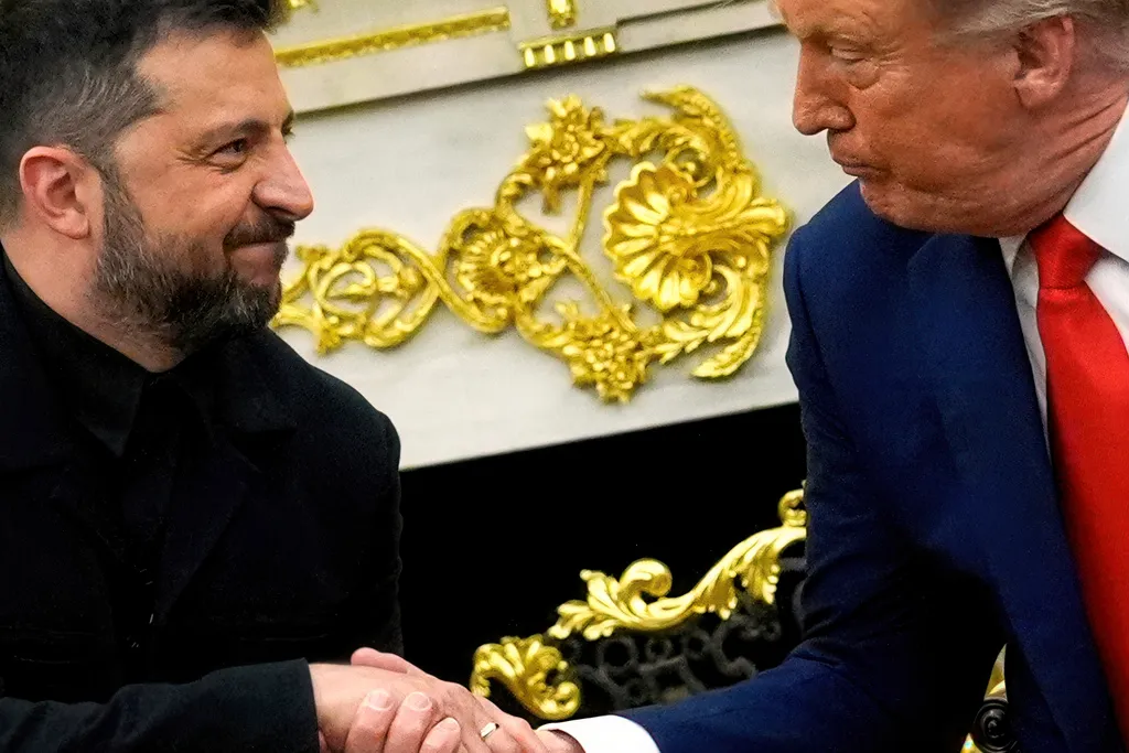 President Donald Trump and Ukraine's President Volodymyr Zelenskyy shake hands in the Oval Office of the White House, Monday, Aug. 18, 2025, in Washington.
