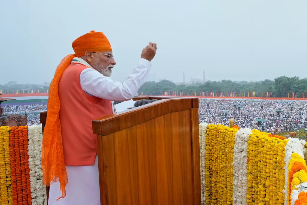 Indian Prime Minister Narendra Modi addresses the nation from the ramparts of the 17th-century Mughal-era Red Fort monument during the country's Independence Day celebrations in New Delhi, India, Friday, Aug. 15, 2025. 