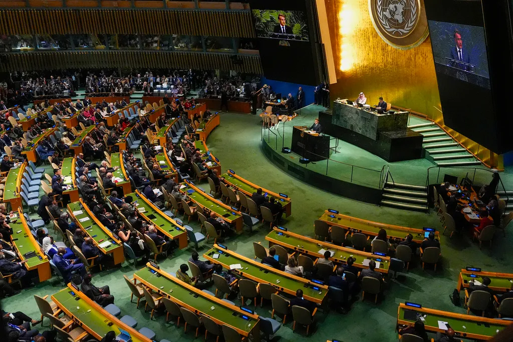 French President Emmanuel Macron speaks during a meeting at the United Nations.