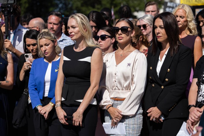 Epstein survivors speak at a protest outside of the Capitol. (Graeme Jennings / Washington Examiner)
