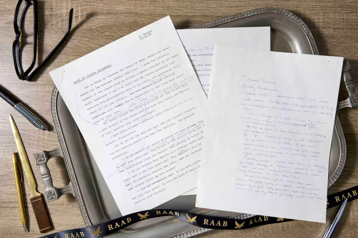 Presidential adviser David Gergen's notes for President Ronald Reagan and Reagan's revision of his 1980 debate closing.