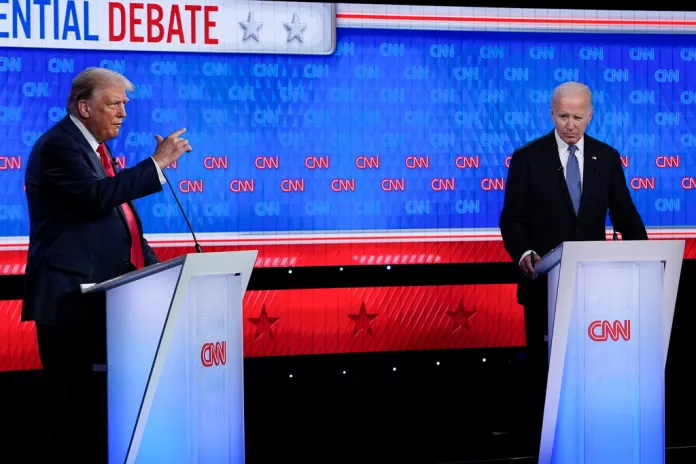 Former President Donald Trump speaks during a presidential debate with President Joe Biden.