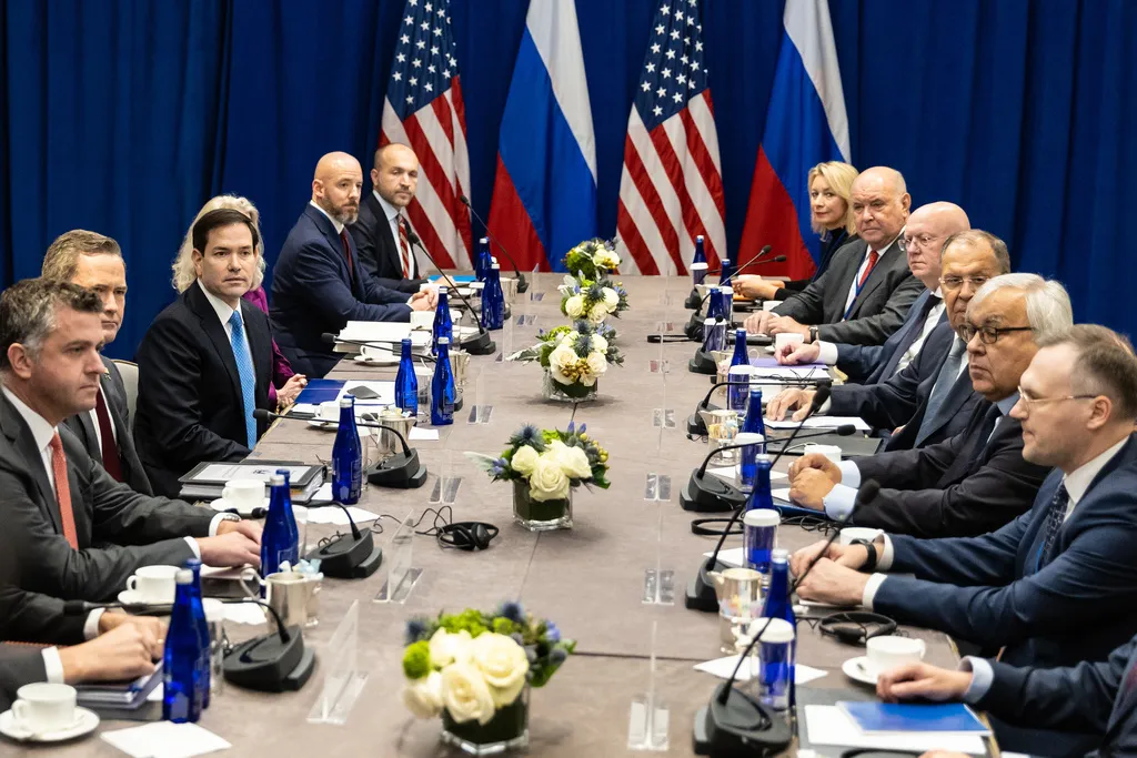 U.S. Secretary of State Marco Rubio, center left, meets with Russian Foreign Minister Sergey Lavrov, center right, as part of the 80th session of the United Nations General Assembly at the Lotte Palace Hotel, Wednesday, Sept. 24, 2025, in New York. (AP Photo/Stefan Jeremiah, Pool)