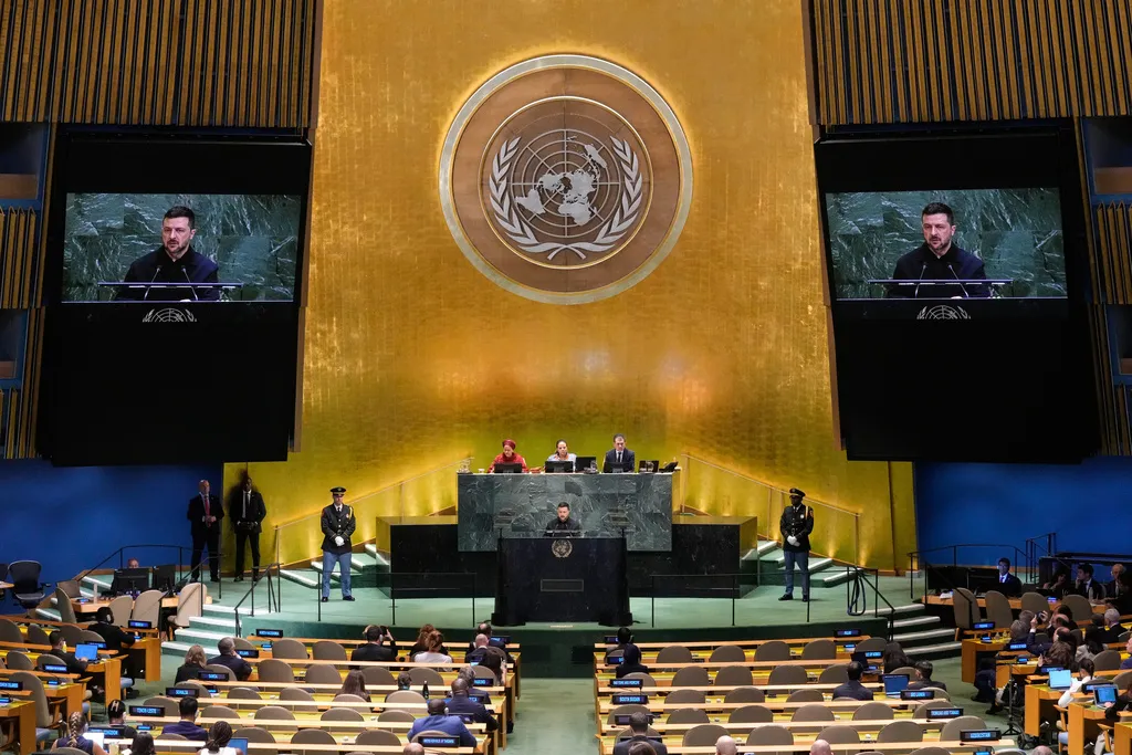 Ukraine President Volodymyr Zelensky addresses the 80th session of the United Nations General Assembly, Wednesday, Sept. 24, 2025. (AP Photo/Richard Drew)