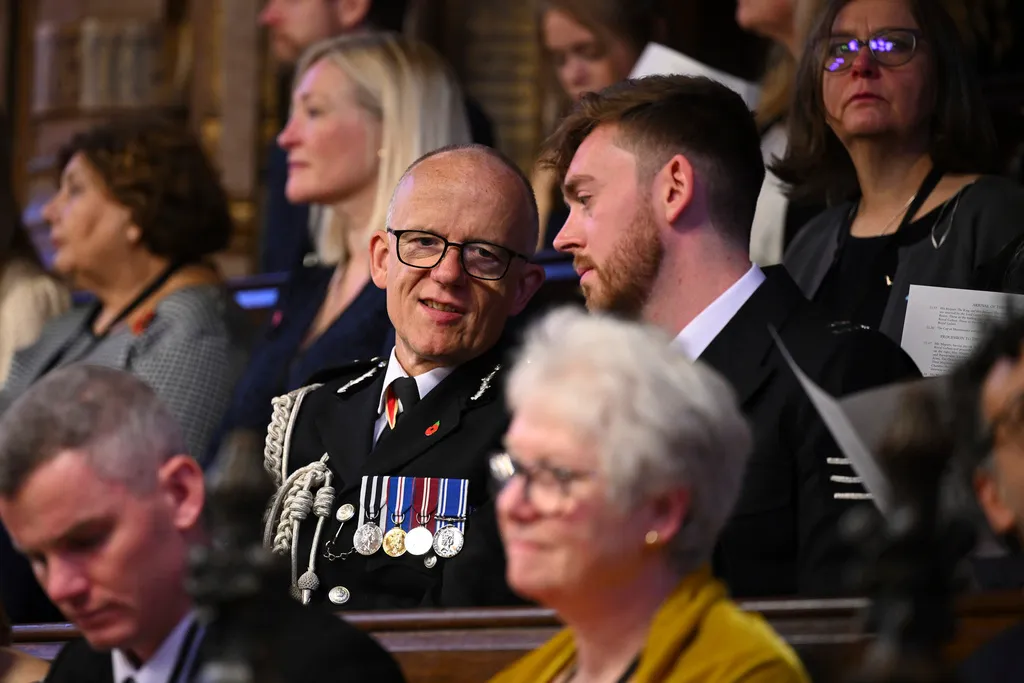 Metropolitan Police Commissioner Mark Rowley, center, attends the State Opening of Parliament on Tuesday, Nov. 7, 2023, at the Houses of Parliament in London. King Charles III read out a speech, written by Prime Minister Rishi Sunak’s government, outlining its legislative plans for the next year.