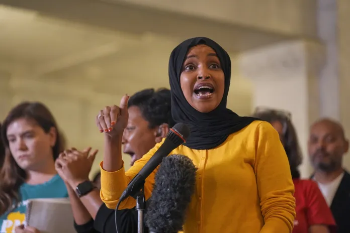 Rep. Ilhan Omar (D-MN) speaks during a news conference in Minneapolis City Hall, Thursday, Aug. 28, 2025, in Minneapolis.